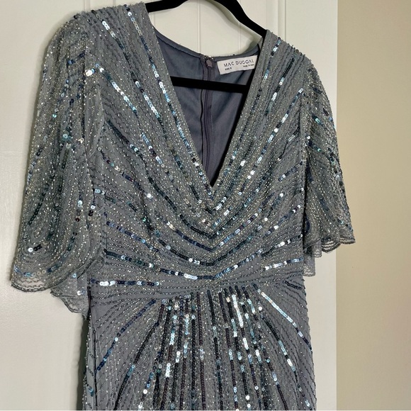 Mac Duggal 93583 Beaded Cape Sleeve Sequined Column Gown Slate Blue NWT Sz 8 - Picture 7 of 16